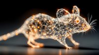 Glowing wireframe mouse silhouette with network connections and light points against dark background, representing digital technology and artificial intelligence.