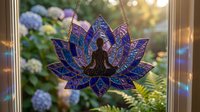 Decorative stained glass lotus flower suncatcher with Buddha silhouette hanging in window, creating rainbow light reflections for meditation and spiritual decor.