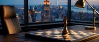 Executive playing chess at sunset in modern high-rise office with city skyline view, strategic business concept for corporate leadership and decision-making themes.