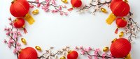 Chinese New Year festive frame with red lanterns, cherry blossoms, gold coins on white background. Traditional lunar celebration decorations border.