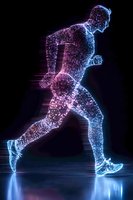 Glowing digital particle runner silhouette in motion with neon blue and purple light effect against dark background, showing dynamic movement and speed.