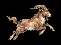 Leaping goat with ornate swirl patterns in warm watercolor tones, isolated on transparent background, ready for stickers, sublimation, and t-shirt design.