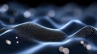 Abstract digital wave made of glowing particles flowing in dark space with bokeh lights for technology and data visualization backgrounds.