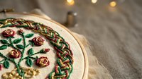 Embroidery hoop with floral rose pattern on fabric, traditional needlework craft hobby, handmade textile art with colorful threads on wooden background.