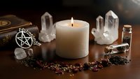 Mystical altar setup with burning candle, crystals, pentagram pendant and dried herbs on wooden surface for spiritual rituals and meditation practices.