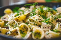 Fresh pasta shells with dill, herbs and spices in creamy sauce, macro food photography with selective focus showing texture and garnish details.