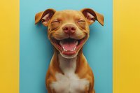 Happy brown pit bull type dog with big smile and closed eyes against vibrant blue and yellow background, showing joyful expression and positive pet emotion.