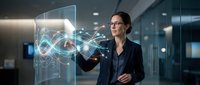 Professional businesswoman interacting with futuristic holographic interface displaying network connections in modern office environment for technology presentations.