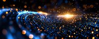 Digital wave of glowing blue particles and light streaks flowing in curved motion against dark background with golden bokeh effect and bright light burst.