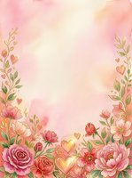 Watercolor floral frame with pink roses, peonies, and gold hearts on soft pastel background, isolated on white for greeting cards, invitations, and wedding designs.