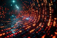 Abstract digital tunnel with glowing red binary code and data streams against dark background, representing cybersecurity and information technology concepts.