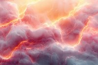 Dramatic pink and orange storm clouds with bright lightning bolts creating an ethereal atmospheric scene. Powerful natural phenomenon captured in vibrant colors.