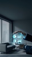 Businessman in suit holding glowing holographic financial charts and pie graphs, futuristic data analytics concept in modern office.