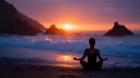 Silhouette of woman meditating in lotus position on beach at dramatic purple sunset with waves crashing and rocky cliffs, spiritual wellness concept.