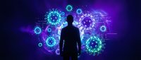 Businessman silhouette surrounded by glowing virus particles on dark blue purple background for medical healthcare technology concepts.
