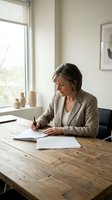 Mature Caucasian businesswoman writing documents at wooden desk in bright modern office space with natural light from window.