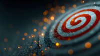 Red and white target with glowing particles and bokeh lights on dark background symbolizing goals achievement and business success strategy.