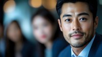 Young Asian businessman in blue suit looking confidently at camera with blurred colleagues in background office setting, professional corporate portrait.