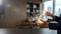 Smart home automation control with hands managing connected devices through digital interface in modern living room for IoT technology applications.