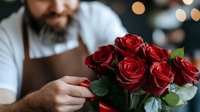 Bearded male florist in apron arranging fresh red roses bouquet in flower shop. Professional at work with romantic Valentine's Day flowers.