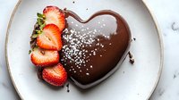 Heart shaped dark chocolate dessert decorated with fresh sliced strawberries and powdered sugar on white ceramic plate, romantic food photography.