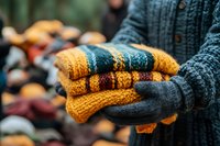 Hands in gray knitted gloves holding folded yellow and blue striped warm winter scarf outdoors in autumn garden with blurred pumpkin background.
