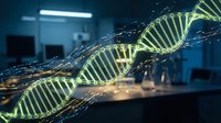 Glowing DNA double helix structure with digital particles in modern laboratory setting for genetic research and biotechnology applications.