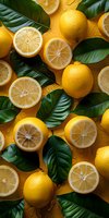 Fresh ripe lemons and green leaves on yellow background with water drops. Whole citrus fruits and cut halves arranged in creative pattern.
