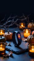 Halloween fitness tracker with pumpkin display surrounded by candles, autumn pumpkins and spooky decorations for seasonal health technology marketing.