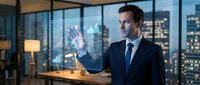 Professional businessman in suit interacting with holographic data visualization interface in modern office with city skyline at night.