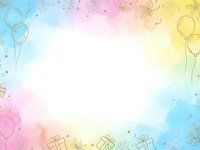 Colorful pastel rainbow gradient background with hand drawn party elements balloons gifts and confetti for celebration designs.