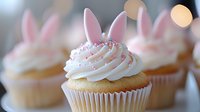 Easter bunny ears cupcakes with white cream frosting, pink sprinkles and decorative toppers on blurred background, festive spring holiday dessert.