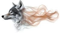 Majestic gray wolf head with flowing smoke effect creating ethereal motion trails in warm peach tones against white background, artistic wildlife illustration.