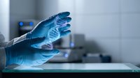 Scientist in blue gloves holding glowing DNA double helix hologram in modern laboratory for genetic research and biotechnology innovation.
