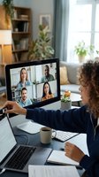 Woman with curly hair participating in video conference call with diverse team members on laptop screen in modern home office workspace.