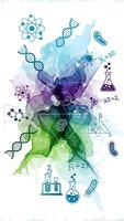 Watercolor science background with DNA strands, molecular structures, atoms, bacteria, lab equipment and mathematical formulas in blue, purple and green tones.