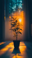 Silhouette of potted plant against window with dramatic orange sunset light creating moody atmosphere and long shadows on wooden floor. Perfect for wellness content.