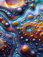 Vibrant macro photography of oil and water mixture creating psychedelic patterns with orange, blue and purple swirls, droplets and circular formations on dark background.