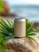 Blank aluminum beverage can mockup on tropical rock with palm leaves and ocean background for branding and packaging design projects.