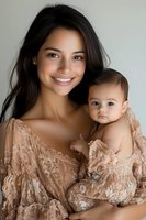 Young Hispanic mother in lace dress holding baby in matching outfit, both smiling at camera against light background. Studio portrait showing maternal bond and fashion.
