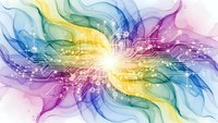 Abstract colorful flowing waves with digital circuit patterns merge in bright center creating futuristic technology background for modern design projects.