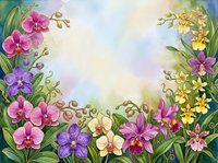Watercolor floral frame with colorful orchids in pink, purple, and yellow on a soft pastel background with copy space.
