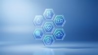Digital technology hexagonal icons floating on blue gradient background representing cloud computing, security, and connectivity solutions for business presentations.