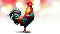 Colorful rooster with vibrant plumage standing proudly on isolated background. Farm bird with red comb and iridescent feathers for agricultural designs.