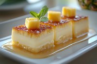 Creamy caramel flan dessert topped with fresh pineapple cubes and mint leaves served on white rectangular plate, close up view of traditional custard with golden syrup.