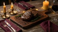 Grilled beef steak on wooden cutting board with herbs, candles and wine glass creating elegant dining atmosphere for restaurant menu or food blog.