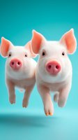 Two adorable pink and white piglets jumping together against turquoise background, showing their curious expressions and perked-up ears. For greeting cards and children's books.