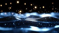 Glowing waves of light create abstract landscape with bokeh particles floating in dark space, mystical blue illumination and shimmering effects against black background.