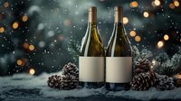 Wine bottles with blank labels nestled among pine cones and snow, with magical bokeh lights creating festive winter atmosphere. For holiday marketing and wine promotion.