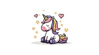 Cute baby unicorn with rainbow mane and tail sitting surrounded by floating hearts and stars, cartoon style character on light background for children designs and products.
